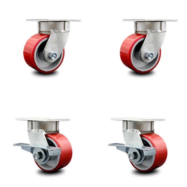 4 Inch Kingpinless Red Poly on Steel Wheel Swivel Caster Set with 2 Brakes SCC
